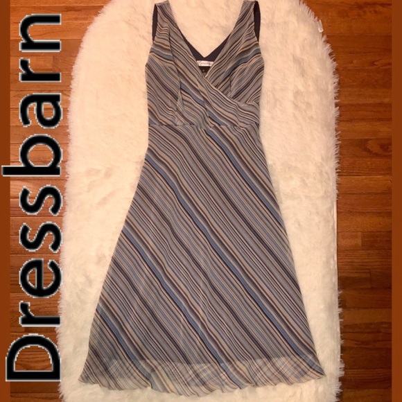 DRESSBARN—DIAGONAL STRIPES IN SHADES OF BLUE—NAVY—TIE BACK FABRIC BELTED DRESS!! - Picture 1 of 6